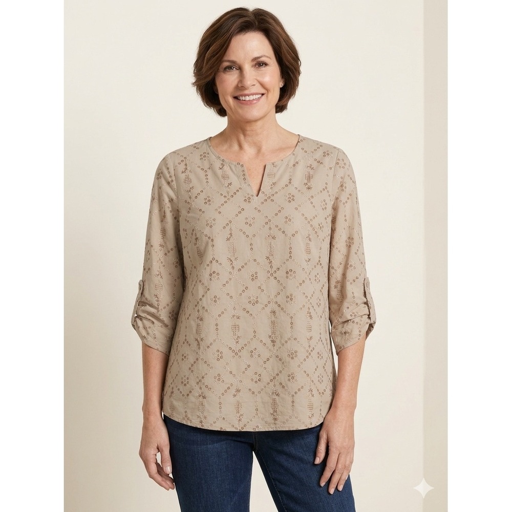 Chico's Embroidered Eyelet Roll Tab Sleeve V-Neck Blouse Tan Cotton Size 2 Large